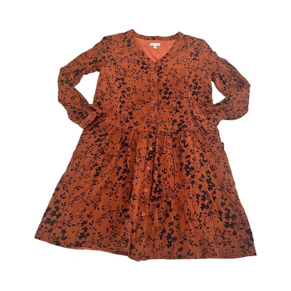 Garnet Hill Floral Drop Waist Dress 6 Button Front Pockets Navy Burnt Orange - Picture 1 of 5